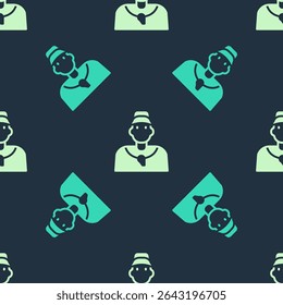 Icono de entrenador de béisbol verde y beige aislado sin patrón sobre fondo azul.  Vector