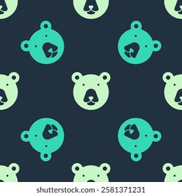 Green and beige Bear head icon isolated seamless pattern on blue background.  Vector