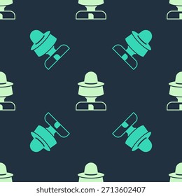 Grüne und beige Imker mit Hut-Symbol, isoliertes nahtloses Muster auf blauem Hintergrund. Spezielle Schutzuniform.  Vektorgrafik