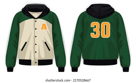 Green, Beige, Black And Yellow Varsity Jacket With Hoodie Front And Back View, Vector Mockup Illustration