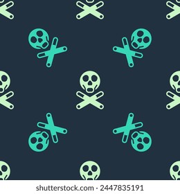 Green and beige Bones and skull as a sign of toxicity warning icon isolated seamless pattern on blue background.  Vector