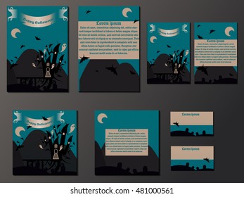 Green and beige brochures and business cards with halloween castle. Nice vector illustration