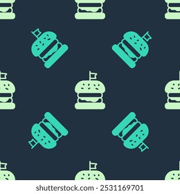 Green and beige Burger icon isolated seamless pattern on blue background. Hamburger icon. Cheeseburger sandwich sign. Fast food menu.  Vector