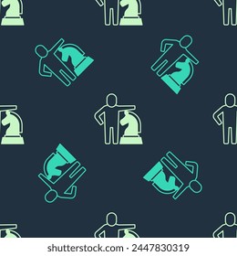 Green and beige Chess icon isolated seamless pattern on blue background. Business strategy. Game, management, finance.  Vector