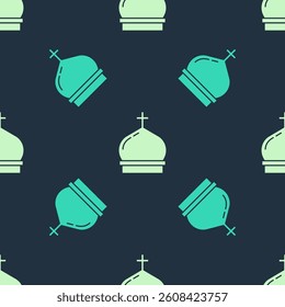 Green and beige Christian church tower icon isolated seamless pattern on blue background. Religion of church.  Vector
