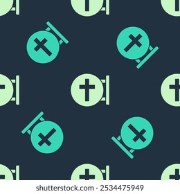 Green and beige Christian cross icon isolated seamless pattern on blue background. Church cross.  Vector
