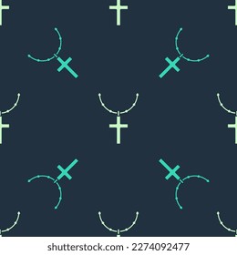 Green and beige Christian cross on chain icon isolated seamless pattern on blue background. Church cross.  Vector