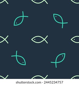 Green and beige Christian fish symbol icon isolated seamless pattern on blue background. Jesus fish symbol.  Vector