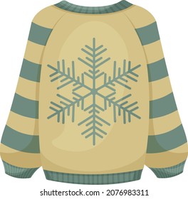 Green beige Christmas sweater in cartoon style. A jumper with the image of a large snowflake. Warm winter clothes. Winter sweater, vector illustration, isolated on a white background