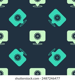 Icono de hoja de sierra circular verde y beige aislado patrón sin fisuras sobre fondo azul. Rueda de sierra.  Vector