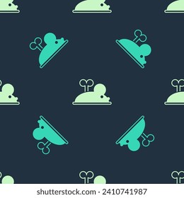 Green and beige Clockwork mouse icon isolated seamless pattern on blue background. Wind up mouse toy.  Vector