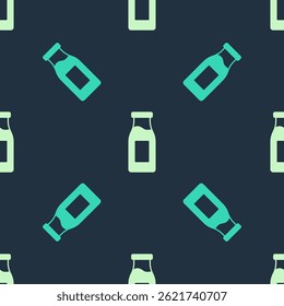 Green and beige Closed glass bottle with milk icon isolated seamless pattern on blue background.  Vector