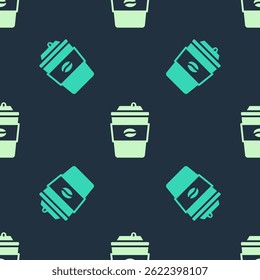 Verde e bege Xícara de café para ir ícone isolado sem emenda padrão no fundo azul.  Vetor