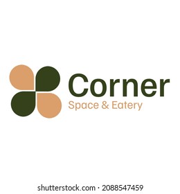 Green and beige color elements in the logo, as well as side text