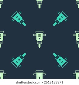 Icono de martillo neumático de construcción verde y beige aislado sin patrón sobre fondo azul.  Vector