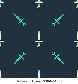 Icono de Dagger verde y beige aislado sin fisuras en fondo azul. Icono de cuchillo. Espada con cuchilla afilada.  Vector