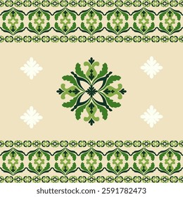 Green and beige damask seamless pattern with decorative flowers. Floral background. Vector illustration. Victorian style. Idea for wallpaper, rugs, textile borders, carpets, tiles, and pottery.