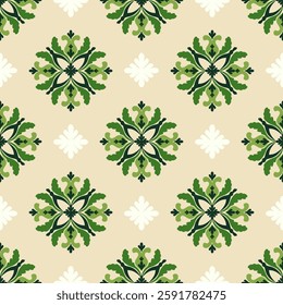 Green and beige damask seamless pattern with decorative flowers. Floral background. Vector illustration. Victorian style. Idea for wallpaper, rugs, carpets, tiles, and pottery.