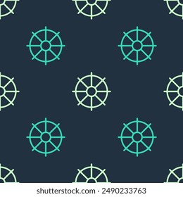 Green and beige Dharma wheel icon isolated seamless pattern on blue background. Buddhism religion sign. Dharmachakra symbol.  Vector