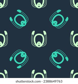 Green and beige Diving mask with snorkel icon isolated seamless pattern on blue background. Extreme sport. Diving underwater equipment.  Vector