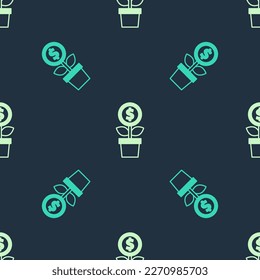 Green and beige Dollar plant icon isolated seamless pattern on blue background. Business investment growth concept. Money savings and investment.  Vector