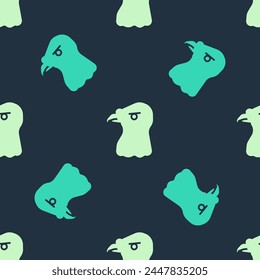 Green and beige Eagle head icon isolated seamless pattern on blue background.  Vector