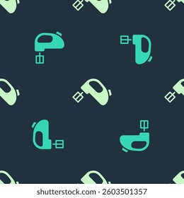 Green and beige Electric mixer icon isolated seamless pattern on blue background. Kitchen blender.  Vector