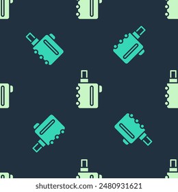 Grün und beige Elektronische Musik Zigarettensymbol isoliert nahtlose Muster auf blauem Hintergrund. Vape-Rauchwerkzeug. Verdampfervorrichtung.  Vektorgrafik