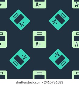 Green and beige Exam sheet with A plus grade icon isolated seamless pattern on blue background. Test paper, exam, or survey concept. School test or exam.  Vector