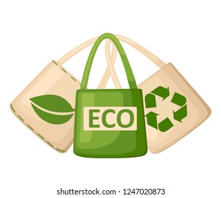 Green and beige fabric cloth or paper bag. Bags with recycling, green leaf and ECO symbols. Replacement plastic bags. Save Earth ecology. Flat vector illustration isolated on white background.