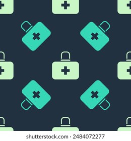 Green and beige First aid kit icon isolated seamless pattern on blue background. Medical box with cross. Medical equipment for emergency. Healthcare concept.  Vector