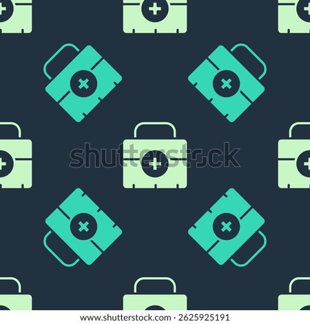 Green and beige First aid kit icon isolated seamless pattern on blue background. Medical box with cross. Medical equipment for emergency. Healthcare concept.  Vector