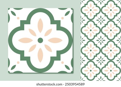 Green and Beige Floral Pattern, seamless pattern for printing or tile patterns . Vector illustration
