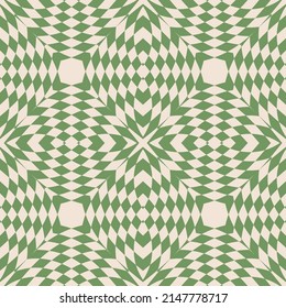 Arrière-plan vert et beige géométrique éclaté. Image vectorielle motif harmonieux avec effet d'illusion optique. Texture abstraite de l'ornement à carreaux. Motif de style rétro. Conception infinie de répétition pour la décoration, l'impression, l'enveloppement