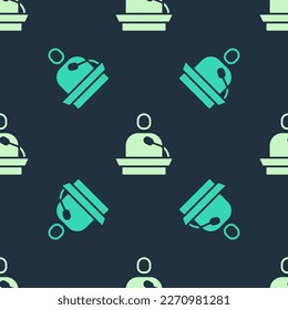 Green and beige Gives lecture icon isolated seamless pattern on blue background. Stand near podium. Speak into microphone. The speaker lectures and gestures. Vector