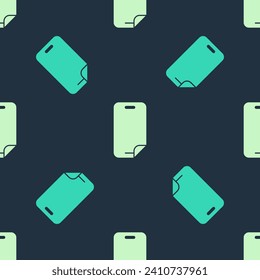 Green and beige Glass screen protector for smartphone icon isolated seamless pattern on blue background. Protective film for glass. Transparent soft glass for mobile phone.  Vector