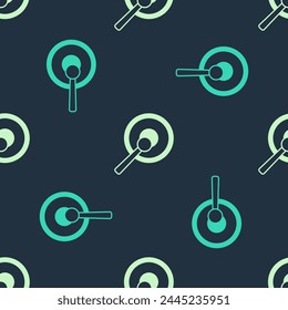 Green and beige Gong musical percussion instrument circular metal disc and hammer icon isolated seamless pattern on blue background.  Vector