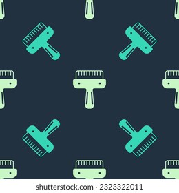 Green and beige Hair brush for dog and cat icon isolated seamless pattern on blue background. Brush for animal fur. Pet accessory.  Vector