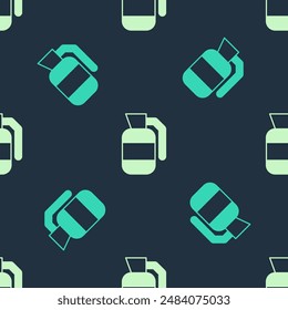 Icono de granada de mano verde y beige aislado patrón sin fisuras sobre fondo azul. Explosión de bomba.  Vector
