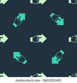 Green and beige Hand with pointing finger with arrow icon isolated seamless pattern on blue background. Business vision and target. Concept business finance, character, leader.  Vector
