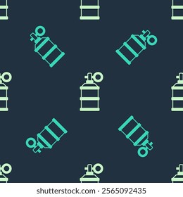 Green and beige Hand smoke grenade icon isolated seamless pattern on blue background. Bomb explosion.  Vector