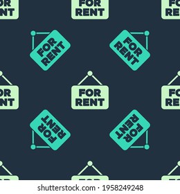 Green and beige Hanging sign with text For Rent icon isolated seamless pattern on blue background. Signboard with text For Rent. Vector