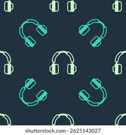 Green and beige Headphones icon isolated seamless pattern on blue background. Earphones. Concept for listening to music, service, communication and operator.  Vector