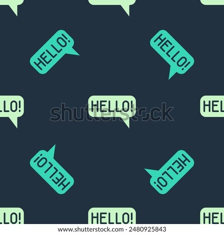 Green and beige Hello in different languages icon isolated seamless pattern on blue background. Speech bubbles.  Vector