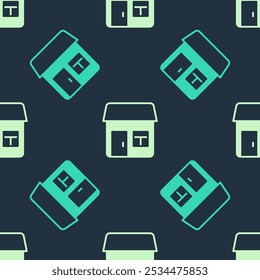 Green and beige House icon isolated seamless pattern on blue background. Home symbol.  Vector