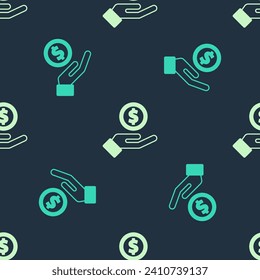 Green and beige Human hand giving money icon isolated seamless pattern on blue background. Receiving money icon.  Vector
