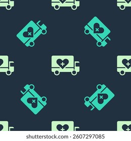 Green and beige Humanitarian truck icon isolated seamless pattern on blue background.  Vector