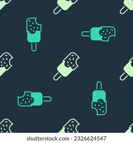 Green and beige Ice cream icon isolated seamless pattern on blue background. Sweet symbol.  Vector