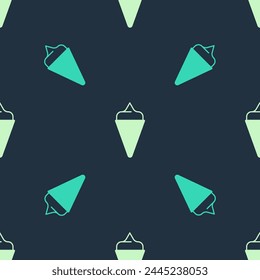 Green and beige Ice cream in waffle cone icon isolated seamless pattern on blue background. Sweet symbol.  Vector