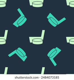 Green and beige Ice hockey stick and puck icon isolated seamless pattern on blue background.  Vector